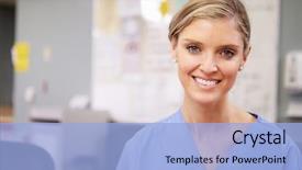  Presentation with nurse - PPT theme featuring portrait of female nurse working background and a light blue colored foreground