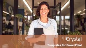  Presentation with digital - Presentation design featuring portrait-of-female-owner background and a coral colored foreground