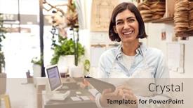  Presentation with digital - Presentation design enhanced with portrait-of-female-owner background and a mint green colored foreground