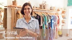  Presentation with clothing - Beautiful PPT theme featuring portrait-of-female-owner backdrop and a coral colored foreground