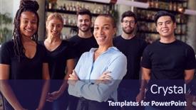  Presentation with restaurant - Presentation theme consisting of portrait-of-female-owner background and a navy blue colored foreground