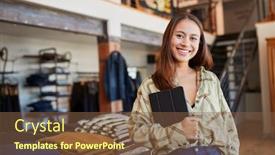  Presentation with using digital tablet - Colorful PPT theme enhanced with portrait-of-female-owner backdrop and a tawny brown colored foreground