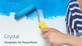  Presentation with painting - Colorful PPT layouts enhanced with portrait of female painter sitting on floor near wall after painting backdrop and a sky blue colored foreground