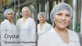  Presentation with pharmaceutical factory - Slides featuring portrait of female pharmaceutical factory background and a light gray colored foreground