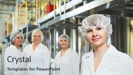  Presentation with medical worker - Presentation with medical operative - portrait of female pharmaceutical factory background and a light gray colored foreground