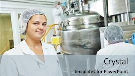  Presentation with pharmaceutical factory - Cool new presentation theme with portrait of female pharmaceutical factory backdrop and a light blue colored foreground