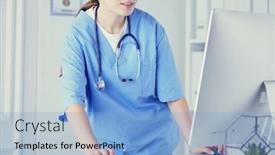  Presentation with medical desk - Colorful slide set enhanced with portrait-of-female-physician-filling backdrop and a light blue colored foreground