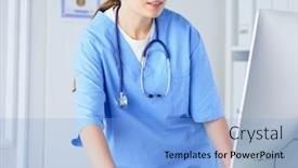  Presentation with medical desk - Presentation consisting of portrait-of-female-physician-filling background and a light blue colored foreground