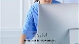  Presentation with medical desk - PPT theme featuring portrait-of-female-physician-filling background and a light blue colored foreground