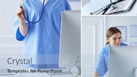  Presentation with medical emergency - PPT theme featuring portrait-of-female-physician-filling background and a  colored foreground