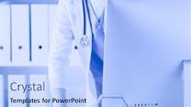  Presentation with physician - Colorful presentation theme enhanced with portrait of female physician using laptop computer while standing near reception desk at clinic or emergency hospital backdrop and a light blue colored foreground