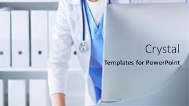  Presentation with physician - Theme with portrait of female physician using laptop computer while standing near reception desk at clinic or emergency hospital background and a light blue colored foreground