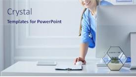  Presentation with physician - Audience pleasing slide deck consisting of portrait of female physician using laptop computer while standing near reception desk at clinic or emergency hospital backdrop and a sky blue colored foreground