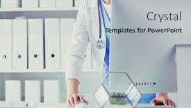  Presentation with physician - PPT theme with portrait-of-female-physician-using background and a light gray colored foreground