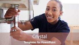  Presentation with plumber - Theme featuring portrait-of-female-plumber-working background and a coral colored foreground