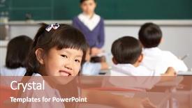  Presentation with school desk - Beautiful PPT theme featuring portrait of female pupil working at desk in chinese school classroom backdrop and a coral colored foreground