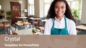  Presentation with dining restaurant - PPT layouts with portrait of female restaurant manager background and a coral colored foreground