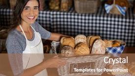  Presentation with staff - Presentation design consisting of portrait of female staff holding wicker basket of various breads at counter in bakery shop background and a coral colored foreground