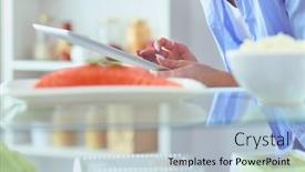  Presentation with fridge - Slide set with portrait-of-female-standing-near background and a light blue colored foreground