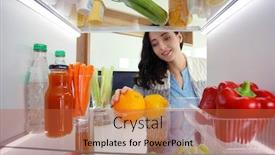  Presentation with fridge - Beautiful PPT layouts featuring portrait of female standing near open fridge full of healthy food vegetables and fruits portrait of female backdrop and a red colored foreground