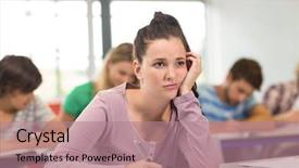  Presentation with writing notes - PPT layouts enhanced with portrait of female student writing notes in classroom background and a coral colored foreground