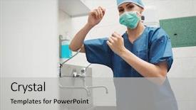  Presentation with hand surgeon - Colorful slides enhanced with portrait of female surgeon washing backdrop and a light gray colored foreground