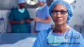  Presentation with scrubs - Audience pleasing theme consisting of portrait-of-female-surgeon-wearing backdrop and a teal colored foreground