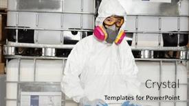  Presentation with hazmat - Audience pleasing presentation design consisting of portrait-of-female-technician backdrop and a light gray colored foreground