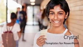  Presentation with worried female college student for health check up - Slide deck consisting of portrait of female teenage student background and a  colored foreground