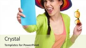  Presentation with suitcase - Beautiful slides featuring portrait of female tourist with travel suitcase and boarding pass isolated on white backdrop and a yellow colored foreground