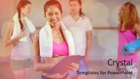  Presentation with trainer - PPT theme consisting of portrait of female trainer holding clipboard in fitness studio background and a coral colored foreground