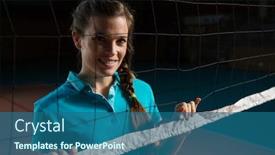  Presentation with volleyball net - PPT theme consisting of portrait of female volleyball player standing by net at court background and a ocean colored foreground