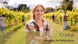  Presentation with vine wine - PPT theme consisting of portrait-of-female-worker-harvesting background and a yellow colored foreground