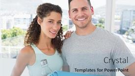  Presentation with exercise mat - Slide set featuring portrait of fit couple holding water bottle and exercise mat at gym background and a light blue colored foreground