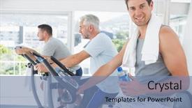  Presentation with exercise bike - Presentation design featuring portrait of fit man on exercise bike holding water bottle at gym background and a seafoam green colored foreground