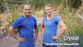  Presentation with training camp - Presentation featuring portrait of fit man and woman standing with hands on hip during boot camp training background and a ocean colored foreground