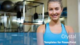 Presentation with gym - Amazing PPT theme having portrait-of-fit-woman-standing backdrop and a teal colored foreground