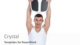  Presentation with weight loss - PPT theme enhanced with portrait of fit young man celebrating weight loss while holding scale in the air and standing on white background background and a white colored foreground