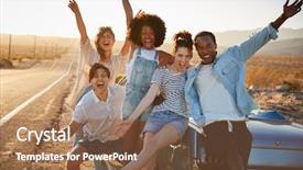  Presentation with classic car - Slide set consisting of portrait of five friends standing background and a tawny brown colored foreground