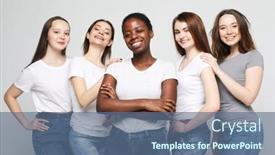  Presentation with african american women - Slides featuring portrait-of-five-multiracial-african background and a ocean colored foreground