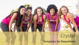  Presentation with runners - Slide set enhanced with portrait of five smiling runners supporting breast cancer marathon in parkland background and a yellow colored foreground