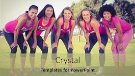  Presentation with runners - PPT layouts with portrait of five smiling runners supporting breast cancer marathon in parkland background and a mint green colored foreground