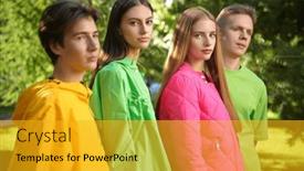  Presentation with teenagers - PPT theme consisting of portrait-of-four-friends-teenagers background and a gold colored foreground