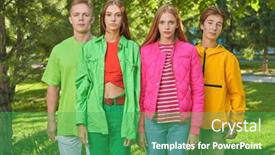  Presentation with walking together - Slide deck consisting of portrait-of-four-friends-teenagers background and a shamrock green colored foreground