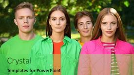  Presentation with walking together - Theme having portrait-of-four-friends-teenagers background and a seafoam green colored foreground
