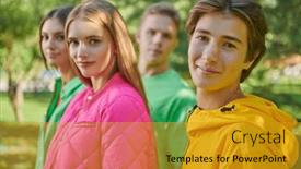  Presentation with walking together - Presentation theme consisting of portrait-of-four-friends-teenagers background and a gold colored foreground