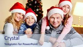  Presentation with members - Beautiful slide deck featuring portrait of four happy family members in santa caps looking at camera with smiles backdrop and a sky blue colored foreground