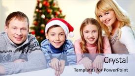  Presentation with members - Audience pleasing PPT theme consisting of portrait of four happy family members looking at camera with smiles backdrop and a light blue colored foreground