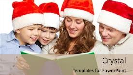  Presentation with members - Slide deck having portrait of four happy family members in santa caps reading book background and a coral colored foreground