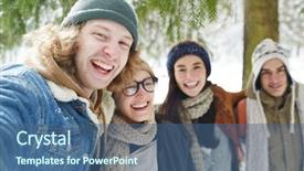  Presentation with people enjoying - Audience pleasing presentation design consisting of portrait of four happy young backdrop and a ocean colored foreground